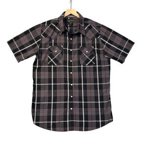 High Noon Western Pearl Snap Plaid Short Sleeve Shirt Brown Gray Size LT #1820